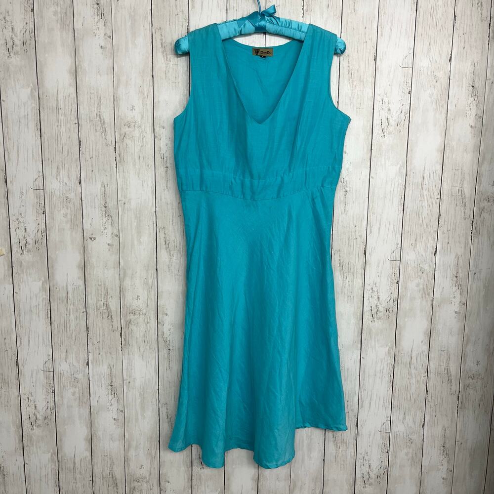 BamBu Blue Linen Cotton Midi Dress Large Sleeveless V-Neck Coastal Lined